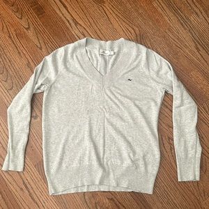Vineyard Vines Heather Grey V Neck Cotton Sweater with Ribbing Details Size S